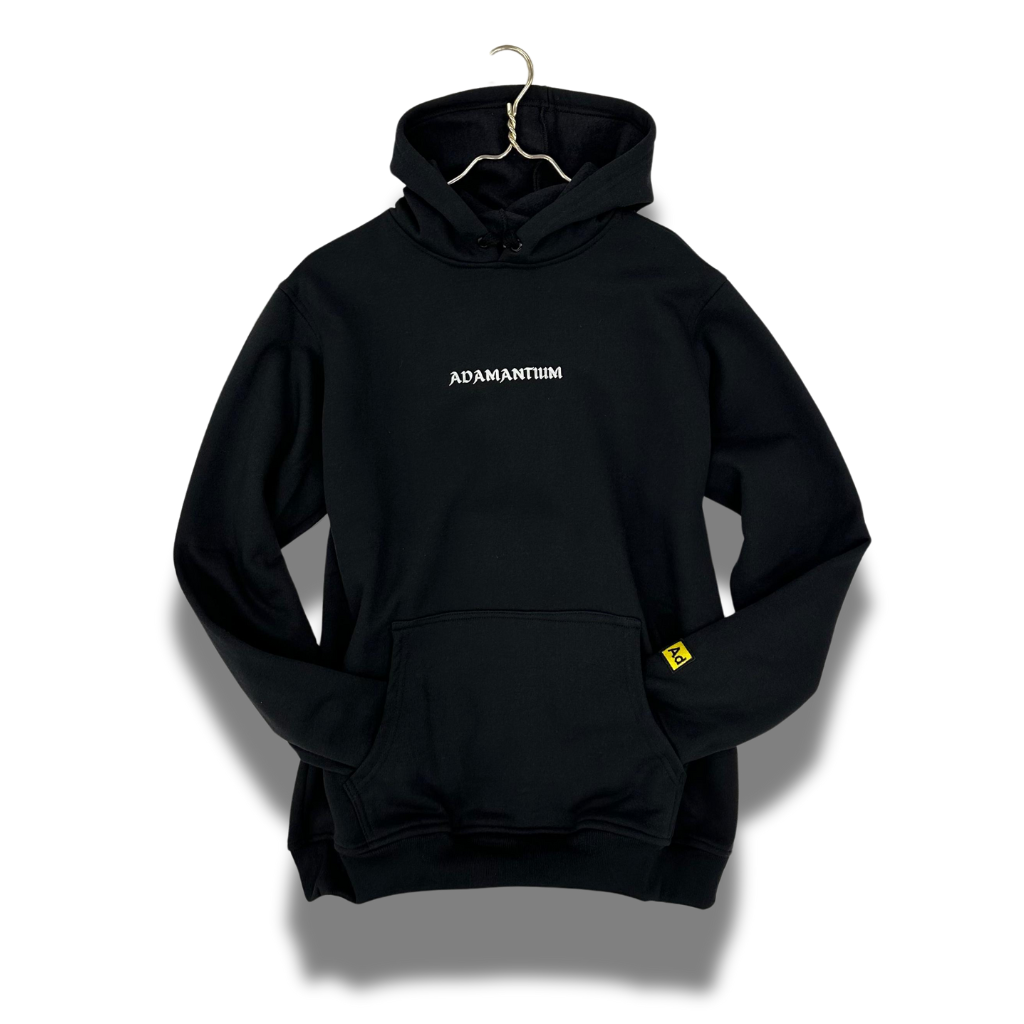 Black Adamantium BJJ hoodie with minimalist logo, front pocket, and hood.