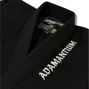 Close-up of Adamantium BJJ gi collar with embroidered logo on a 420GSM pearl weave jacket.